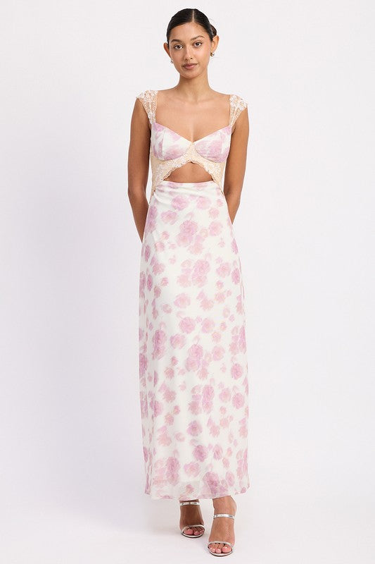 FLORAL MESH LACE TRIM MAXI DRESS WITH BUST CUTOUT – zyana